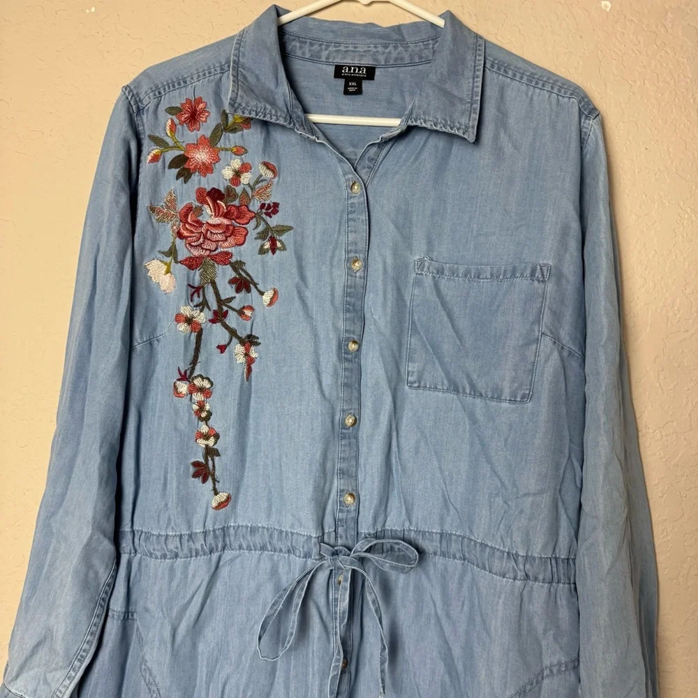 ana Embroidered Chambray Dress Long Sleeve Button Down Waist Tie Size XXL - Picture 3 of 8